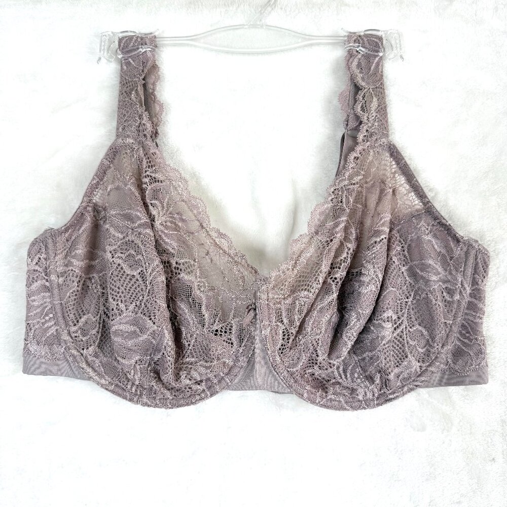 BALI Lace Desire Underwire Wide Strap Semi Sheer Bra Womens 42D Lavender Gray